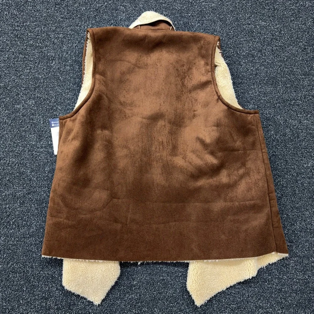 Chaps Faux Suede Shearling Lined Vest Womens L Brown NWT Open Front Drape Boho